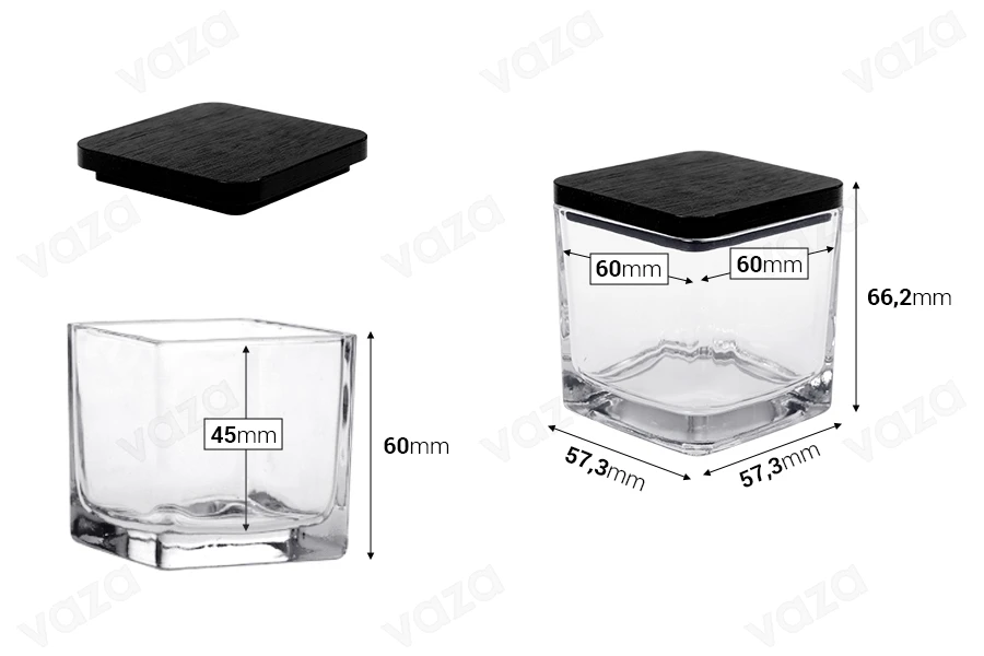 Γυάλινο διακοσμητικό τετράγωνο βάζο 130 ml 60x60x60 mm με ξύλινο καπάκι για κερί Γυάλινο διακοσμητικό τετράγωνο βάζο 130 ml 60x60x60 mm με ξύλινο καπάκι για κερί-εικόνα_διαστάσεις