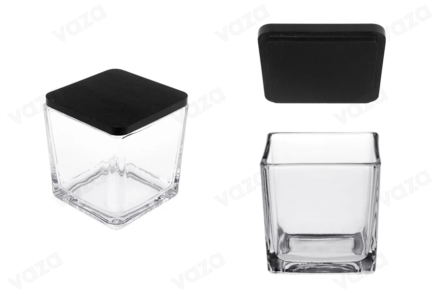 Γυάλινο διακοσμητικό τετράγωνο βάζο 320 ml 80x80x80 mm με ξύλινο καπάκι για κερί-εικόνα_προϊοντική