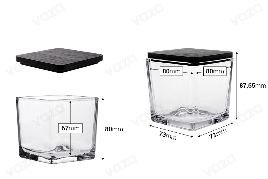 Γυάλινο διακοσμητικό τετράγωνο βάζο 320 ml 80x80x80 mm με ξύλινο καπάκι για κερί-εικόνα_διαστάσεις