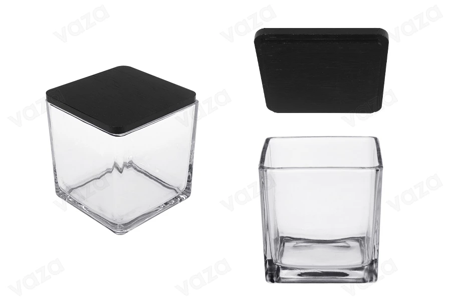 Glass decorative square jar 650 ml 100x100x100 mm with wooden lid for candle Glass decorative square jar 650 ml 100x100x100 mm with wooden lid for candle-image_product
