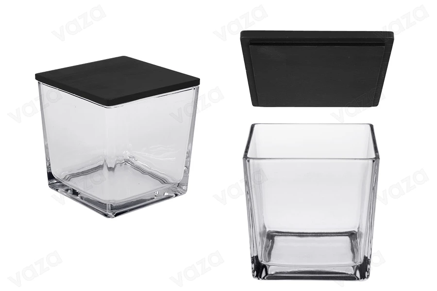 Glass decorative square jar 1110 ml 120x120x120 mm with wooden lid for candle-image_product