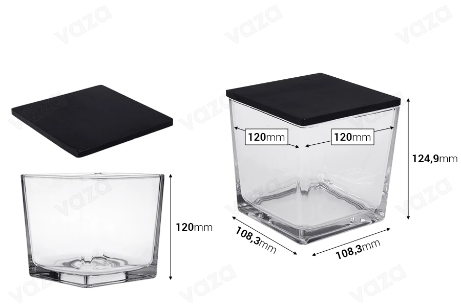 Glass decorative square jar 1110 ml 120x120x120 mm with wooden lid for candle-image_dimensions