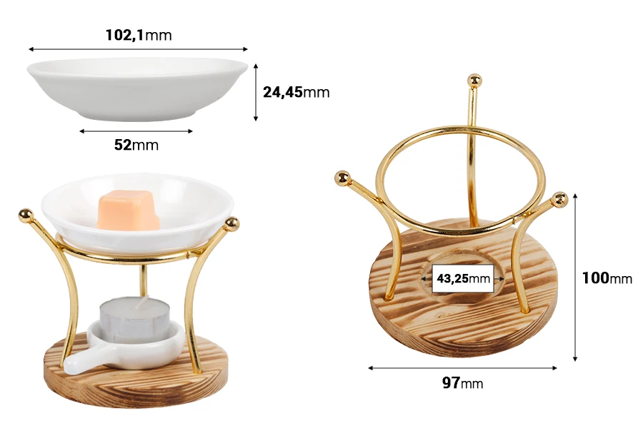 Metallbrenner in runder Form mit Holzsockel und Keramiklöffel für Teelicht, für Duftwachse und Öle Metallbrenner in runder Form mit Holzsockel und Keramiklöffel für Teelicht, für Duftwachse und Öle