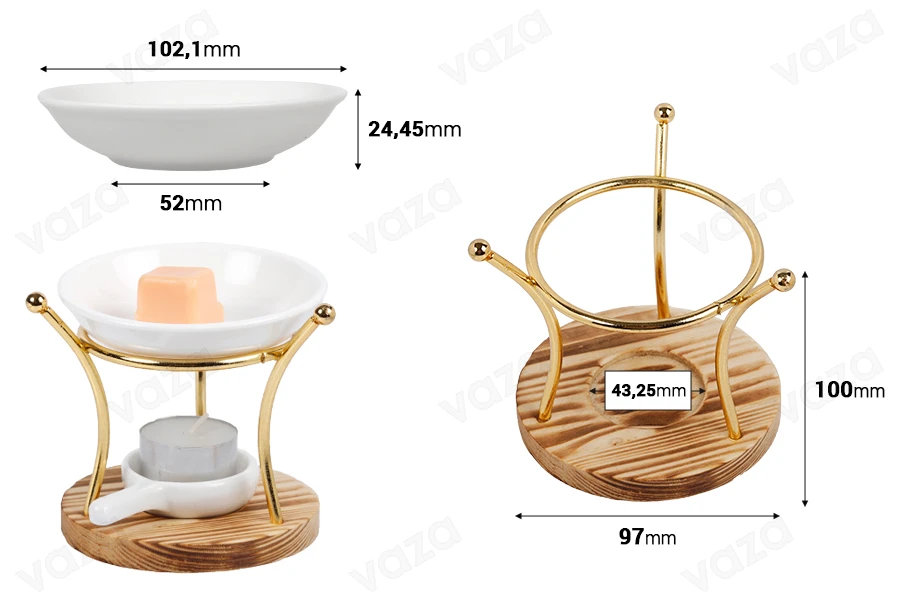 Bruciatore in metallo di forma rotonda con base in legno e cucchiaio in ceramica per tealight, per cialde di cera e oli Bruciatore in metallo di forma rotonda con base in legno e cucchiaio in ceramica per tealight, per cialde di cera e oli-dimensioni_immagine