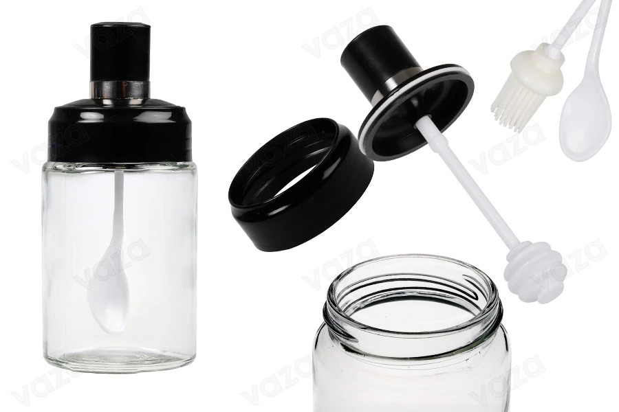 Set aus 200-ml-Glasgefäßen mit individuellem Löffel, Schöpflöffel und Pinsel Set aus 200-ml-Glasgefäßen mit individuellem Löffel, Schöpflöffel und Pinsel-produktbild