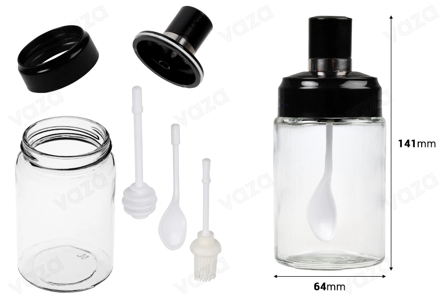 Set aus 200-ml-Glasgefäßen mit individuellem Löffel, Schöpflöffel und Pinsel Set aus 200-ml-Glasgefäßen mit individuellem Löffel, Schöpflöffel und Pinsel-bildabmessungen