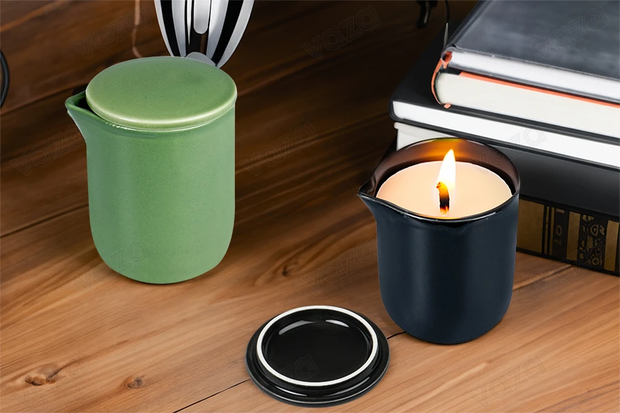 Contenitore in ceramica da 200 ml con coperchio e beccuccio per cera in vari colori-gruppo_immagini