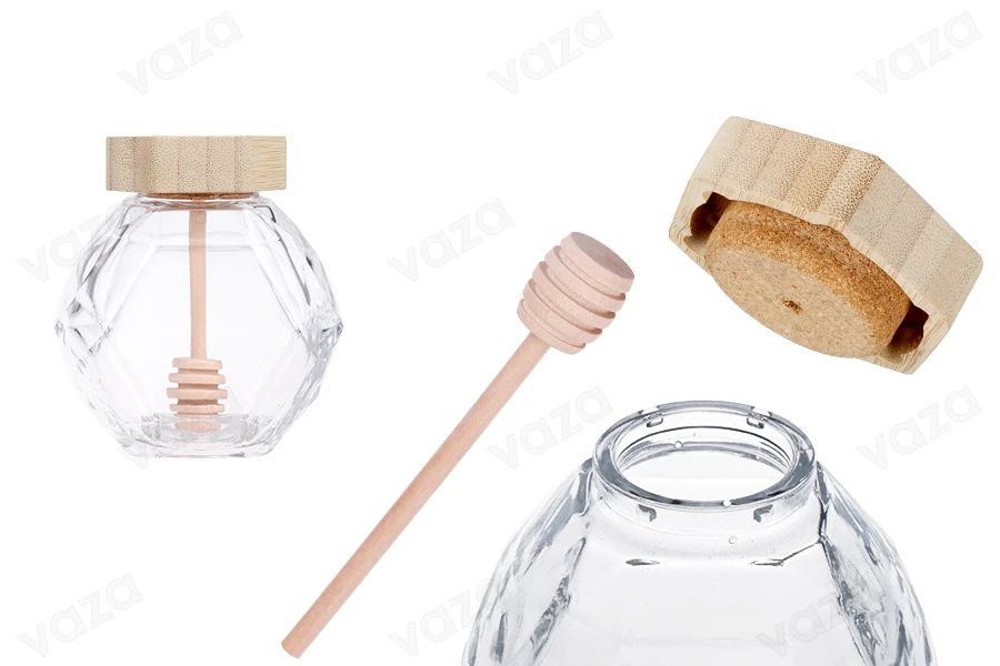 Γυάλινο βάζο 205 ml με ξύλινο φελλό και dipper για μέλι-εικόνα_προϊοντική