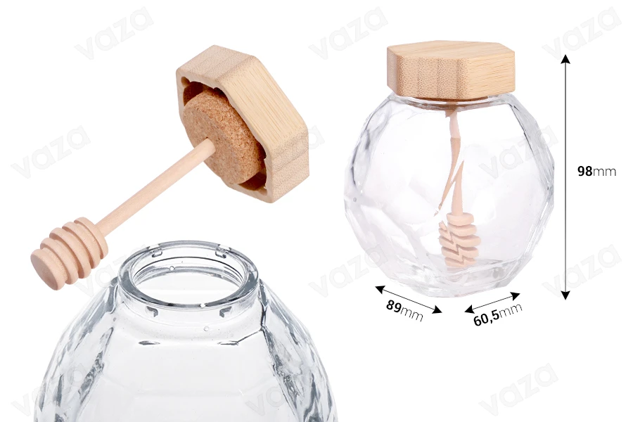 Γυάλινο βάζο 205 ml με ξύλινο φελλό και dipper για μέλι-εικόνα_διαστάσεις