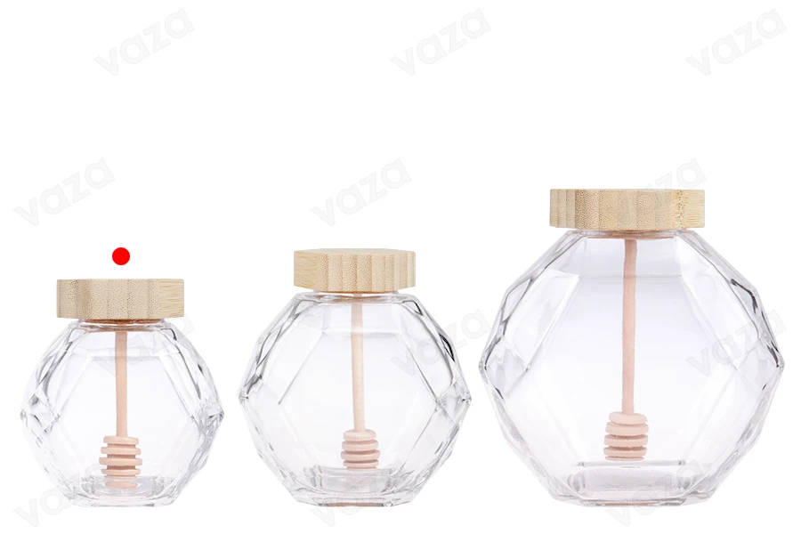Γυάλινο βάζο 205 ml με ξύλινο φελλό και dipper για μέλι-εικόνα_σύνθεση