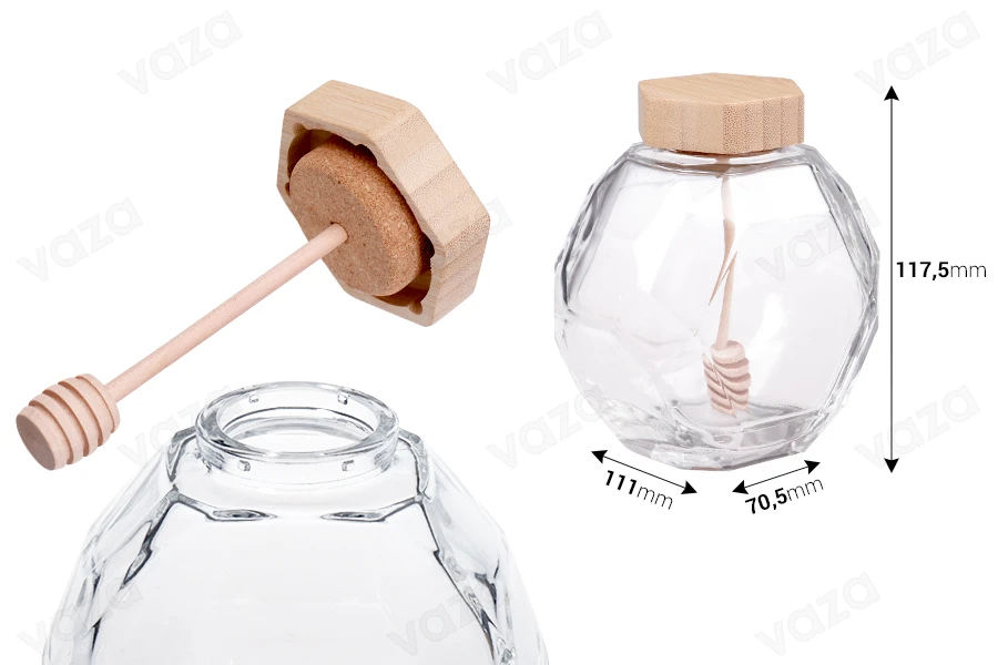 Γυάλινο βάζο 380 ml με ξύλινο φελλό και dipper για μέλι-εικόνα_διαστάσεις