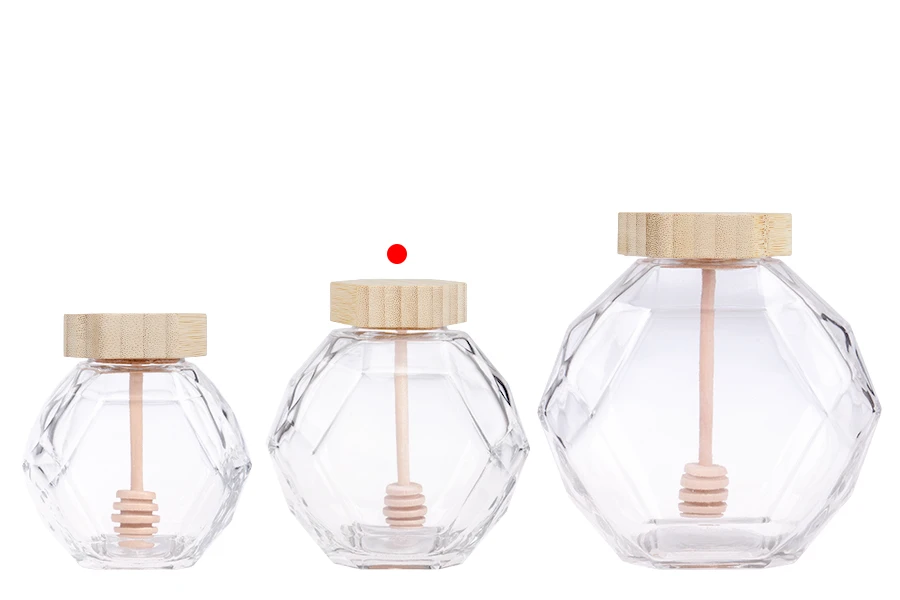 Glass jar 380 ml with wooden cork and dipper for honey
