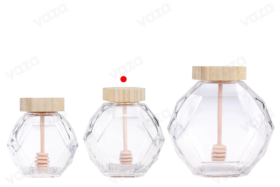 Γυάλινο βάζο 380 ml με ξύλινο φελλό και dipper για μέλι-εικόνα_σύνθεση