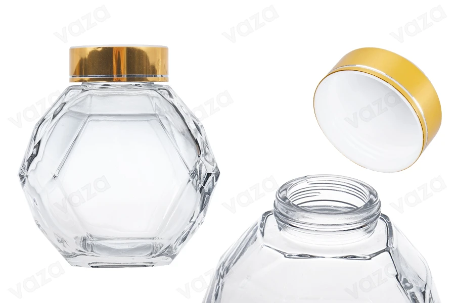 Pot en verre de 380 ml avec couvercle doré pour le miel Pot en verre de 380 ml avec couvercle doré pour le miel-photo_produit