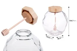 Pot en verre 1000 ml avec bouchon en bois et louche pour miel-2