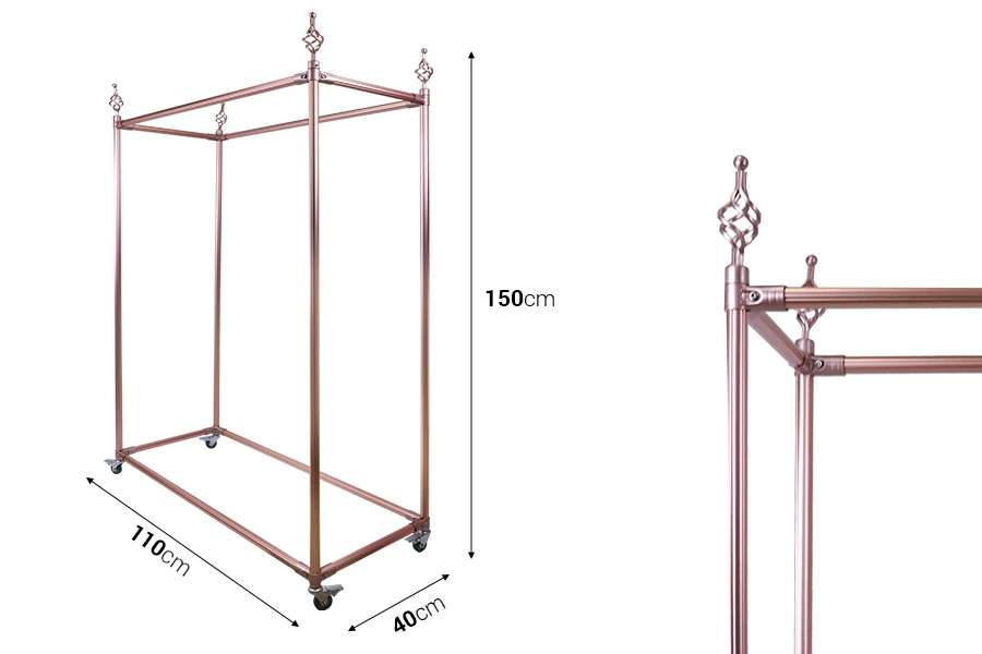 Piantana da terra in metallo 110x40x150 cm colore oro rosa con ruote porta grucce Piantana da terra in metallo 110x40x150 cm colore oro rosa con ruote porta grucce-dimensioni_immagine