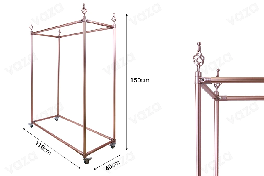 Metal floor stand 110x40x150 cm in rose gold color with wheels for hangers Metal floor stand 110x40x150 cm in rose gold color with wheels for hangers-image_dimensions