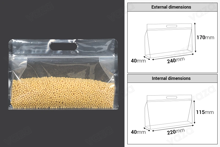 Σακουλάκια τύπου Doy Pack 240x40x170 mm διάφανα με κλείσιμο zip και δυνατότητα σφράγισης με θερμοκόλληση - 50 τμχ-εικόνα_διαστάσεις