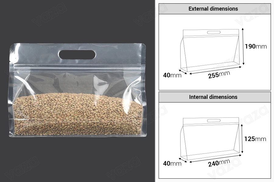 Σακουλάκια τύπου Doy Pack 255x40x190 mm διάφανα με κλείσιμο zip και δυνατότητα σφράγισης με θερμοκόλληση - 50 τμχ-εικόνα_διαστάσεις