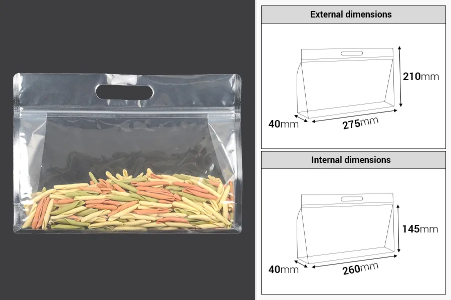 Doy Pack bags 275x40x210 mm transparent with zip closure and heat sealable - 50 pcs