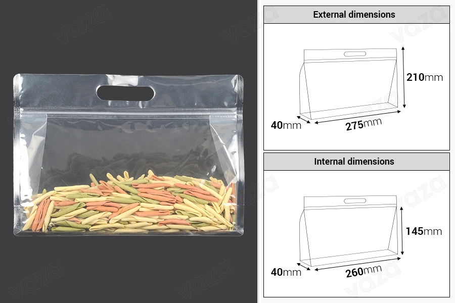 Σακουλάκια τύπου Doy Pack 275x40x210 mm διάφανα με κλείσιμο zip και δυνατότητα σφράγισης με θερμοκόλληση - 50 τμχ-εικόνα_διαστάσεις