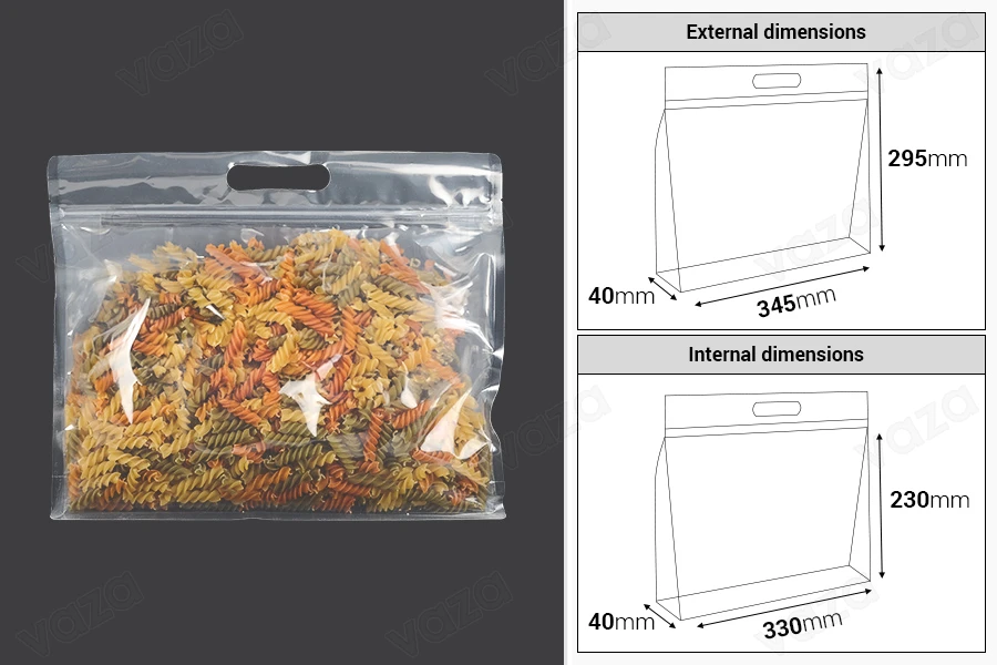 Σακουλάκια τύπου Doy Pack 345x40x295 mm διάφανα με κλείσιμο zip και δυνατότητα σφράγισης με θερμοκόλληση - 50 τμχ Σακουλάκια τύπου Doy Pack 345x40x295 mm διάφανα με κλείσιμο zip και δυνατότητα σφράγισης με θερμοκόλληση - 50 τμχ-εικόνα_διαστάσεις