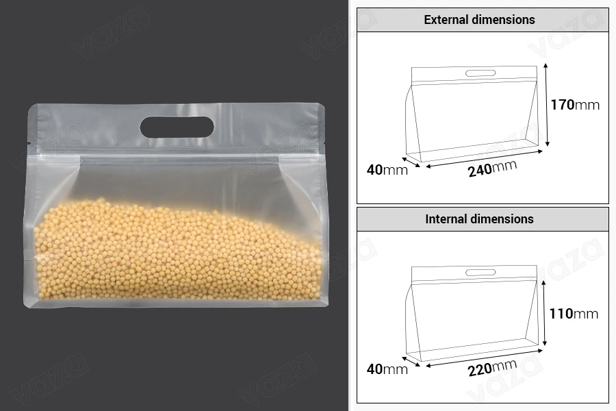 Σακουλάκια τύπου Doy Pack 240x40x170 mm ημιδιάφανα με κλείσιμο zip και δυνατότητα σφράγισης με θερμοκόλληση - 50 τμχ-εικόνα_διαστάσεις