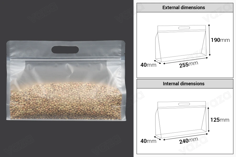 Σακουλάκια τύπου Doy Pack 255x40x190 mm ημιδιάφανα με κλείσιμο zip και δυνατότητα σφράγισης με θερμοκόλληση - 50 τμχ-εικόνα_διαστάσεις