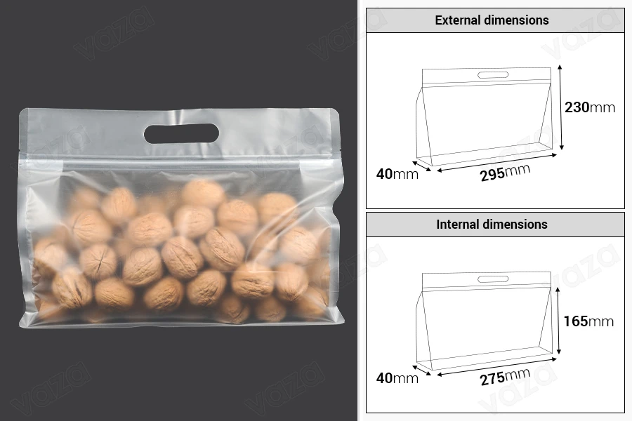 Buste Doy Pack 295x40x230 mm traslucide con chiusura a zip, forate e termosaldabili - 50 pz-dimensioni_immagine