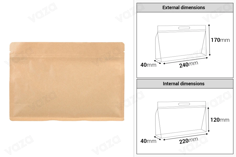 Σακουλάκια κραφτ τύπου Doy Pack 240x40x170 mm με κλείσιμο zip και δυνατότητα σφράγισης με θερμοκόλληση - 50 τμχ-εικόνα_διαστάσεις