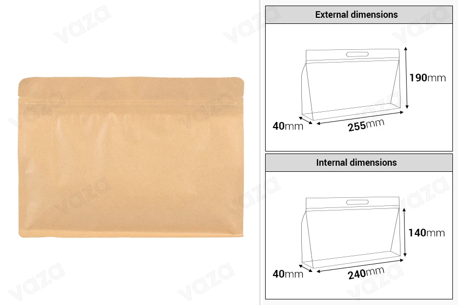 Σακουλάκια κραφτ τύπου Doy Pack 255x40x190 mm με κλείσιμο zip και δυνατότητα σφράγισης με θερμοκόλληση - 50 τμχ-εικόνα_διαστάσεις
