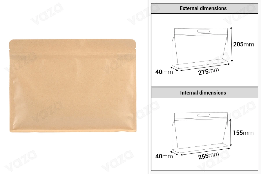 Σακουλάκια κραφτ τύπου Doy Pack 275x40x205 mm με κλείσιμο zip και δυνατότητα σφράγισης με θερμοκόλληση - 50 τμχ-εικόνα_διαστάσεις