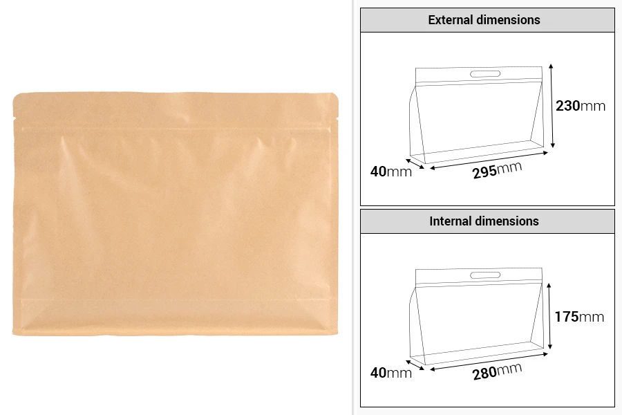 Doy Pack type kraft bags 295x40x230 mm with zip closure and heat sealable - 50 pcs Doy Pack type kraft bags 295x40x230 mm with zip closure and heat sealable - 50 pcs