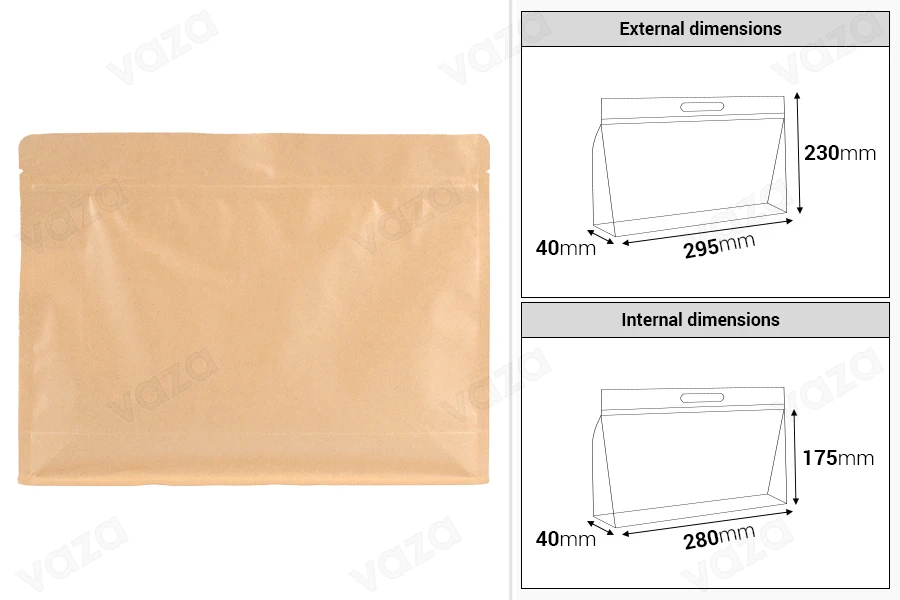 Σακουλάκια κραφτ τύπου Doy Pack 295x40x230 mm με κλείσιμο zip και δυνατότητα σφράγισης με θερμοκόλληση - 50 τμχ-εικόνα_διαστάσεις