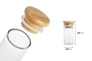 Tube en verre transparent 30 ml avec bouchon en bambou et caoutchouc - 6 pcs-2