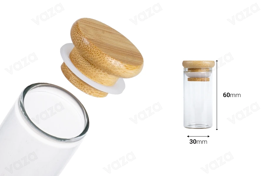 Tubo in vetro trasparente 30 ml con tappo in bambù e gomma - 6 pz Tubo in vetro trasparente 30 ml con tappo in bambù e gomma - 6 pz-dimensioni_immagine