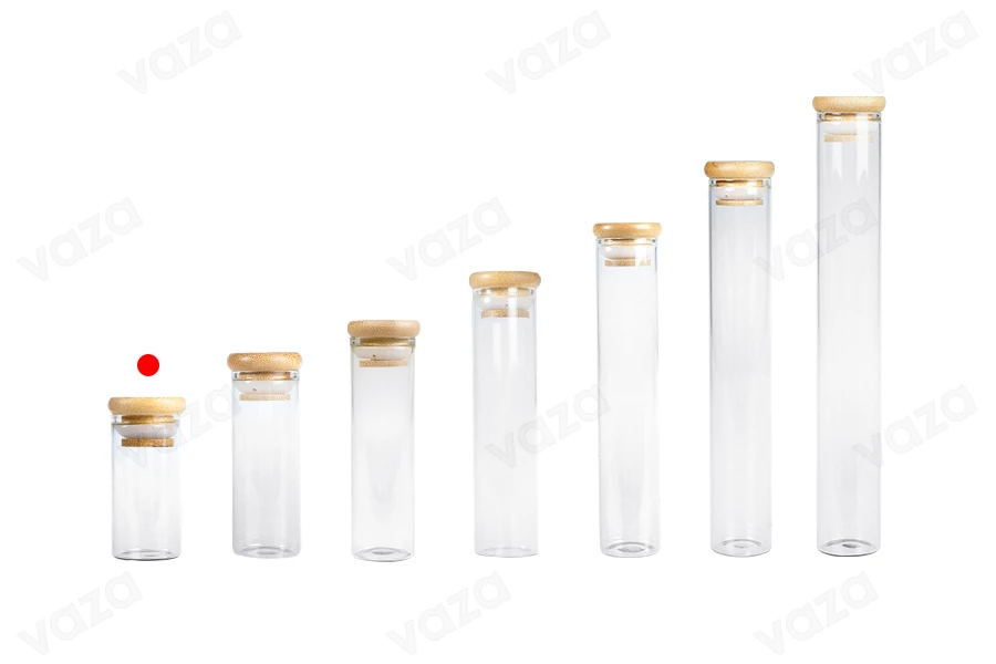Tubo in vetro trasparente 30 ml con tappo in bambù e gomma - 6 pz Tubo in vetro trasparente 30 ml con tappo in bambù e gomma - 6 pz-gruppo_immagini