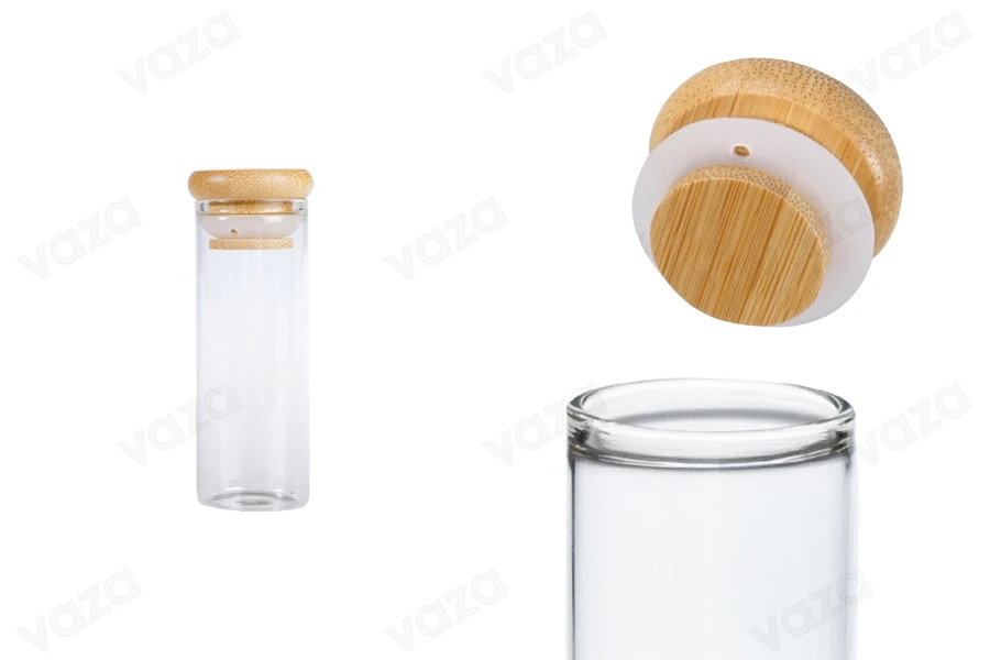 Transparent glass tube 40 ml with bamboo cap and rubber - 6 pcs Transparent glass tube 40 ml with bamboo cap and rubber - 6 pcs-image_product