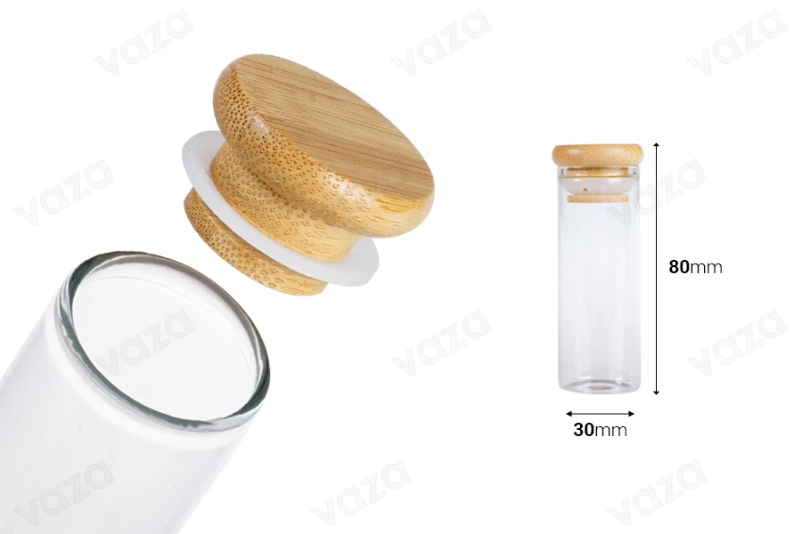Transparent glass tube 40 ml with bamboo cap and rubber - 6 pcs Transparent glass tube 40 ml with bamboo cap and rubber - 6 pcs-image_dimensions