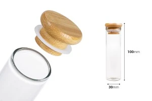 Tube en verre transparent 50 ml avec bouchon en bambou et caoutchouc - 6 pcs-2