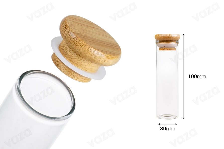 Transparente Glastube 50 ml mit Bambuskappe und Gummi - 6 Stk Transparente Glastube 50 ml mit Bambuskappe und Gummi - 6 Stk-bildabmessungen