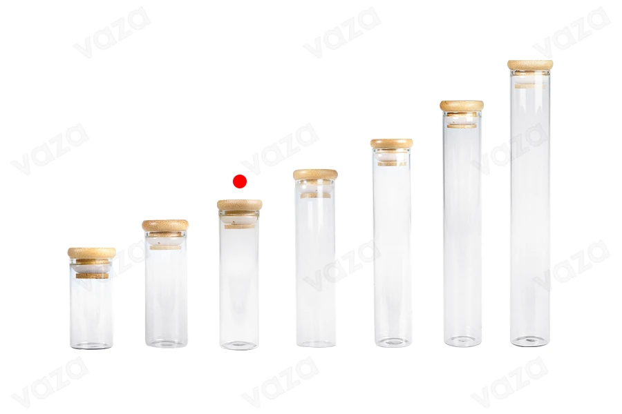 Transparente Glastube 50 ml mit Bambuskappe und Gummi - 6 Stk Transparente Glastube 50 ml mit Bambuskappe und Gummi - 6 Stk-bildgruppe