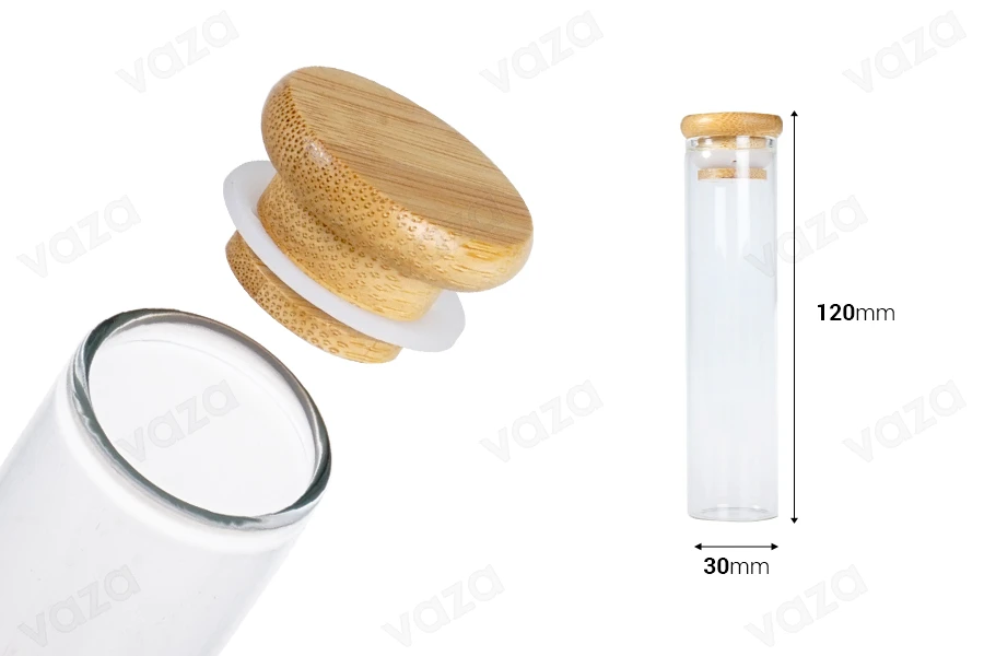 Γυάλινος διάφανος σωλήνας 65 ml με bamboo καπάκι και λάστιχο - 6 τμχ-εικόνα_διαστάσεις