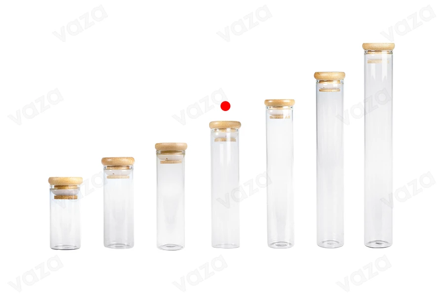 Γυάλινος διάφανος σωλήνας 65 ml με bamboo καπάκι και λάστιχο - 6 τμχ-εικόνα_σύνθεση