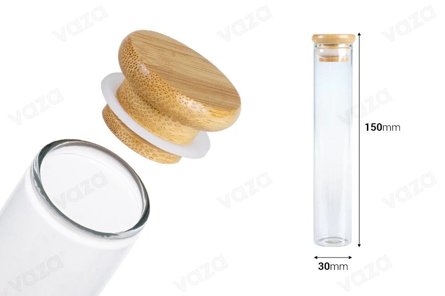 Tubo in vetro trasparente 85 ml con tappo in bambù e gomma - 6 pz-dimensioni_immagine