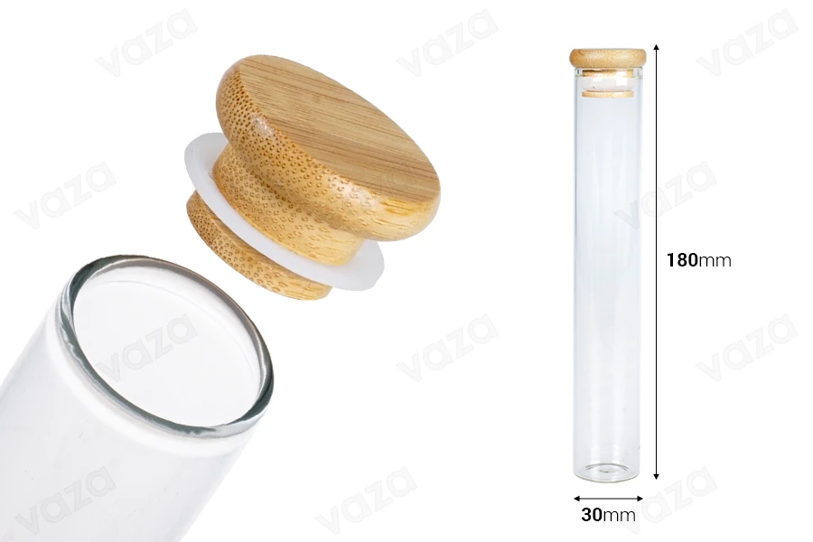 Transparente Glastube 100 ml mit Bambuskappe und Gummi – 6 Stück Transparente Glastube 100 ml mit Bambuskappe und Gummi – 6 Stück-bildabmessungen