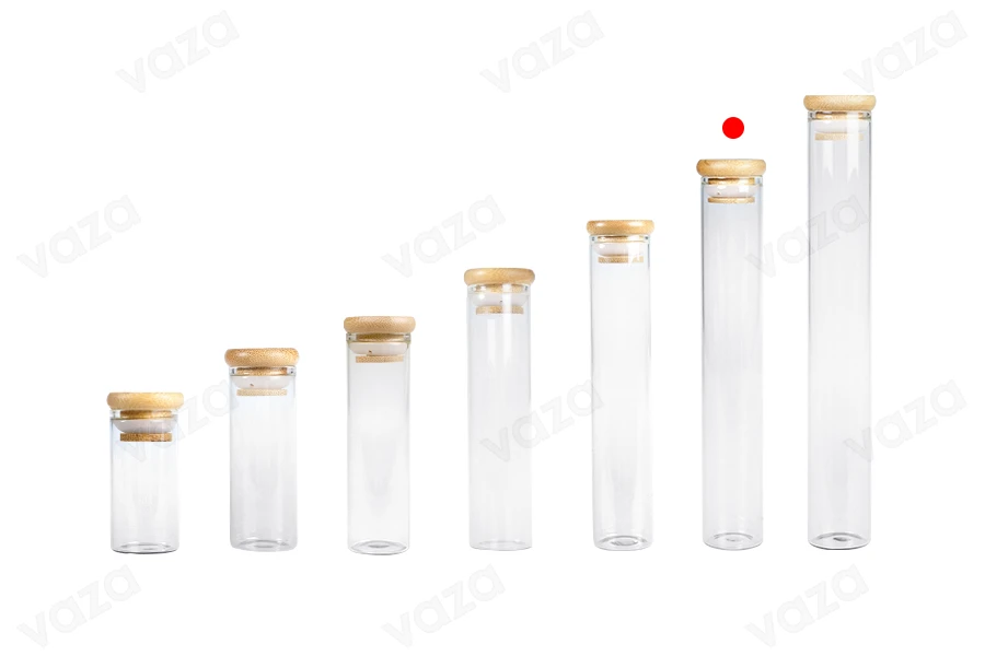 Transparente Glastube 100 ml mit Bambuskappe und Gummi – 6 Stück Transparente Glastube 100 ml mit Bambuskappe und Gummi – 6 Stück-bildgruppe