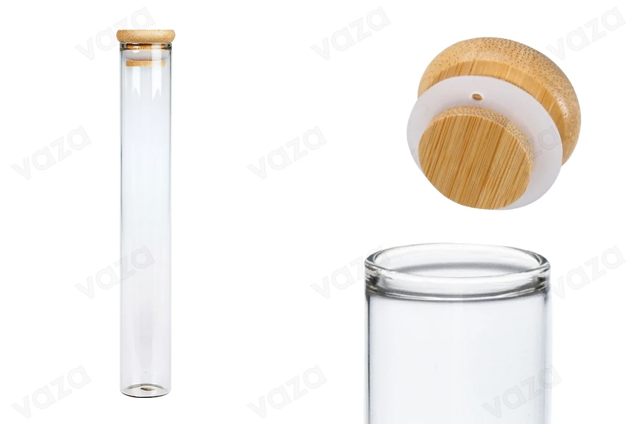 Tube en verre transparent 110 ml avec bouchon en bambou et caoutchouc - 6 pcs Tube en verre transparent 110 ml avec bouchon en bambou et caoutchouc - 6 pcs-εικόνα_προϊοντική