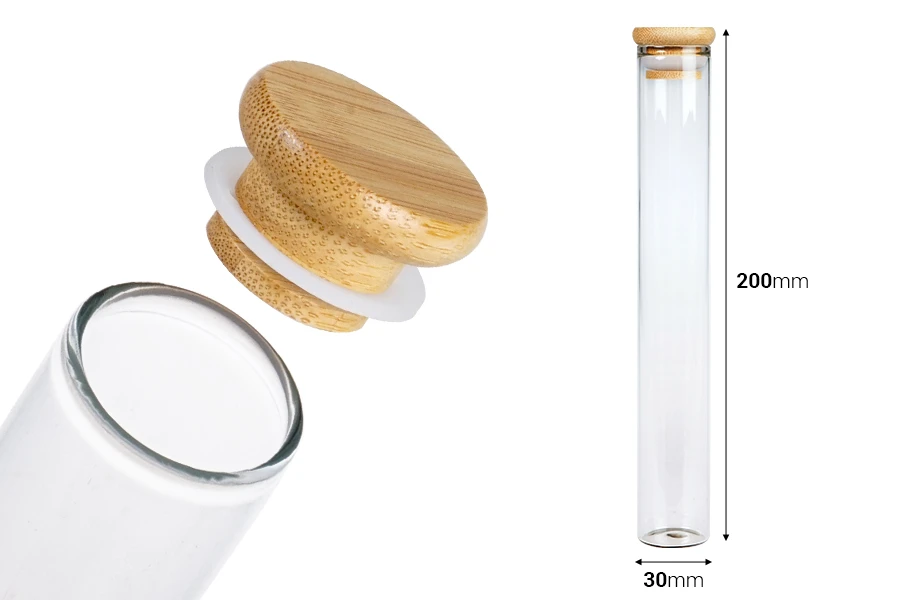 Γυάλινος διάφανος σωλήνας 110 ml με bamboo καπάκι και λάστιχο - 6 τμχ Γυάλινος διάφανος σωλήνας 110 ml με bamboo καπάκι και λάστιχο - 6 τμχ