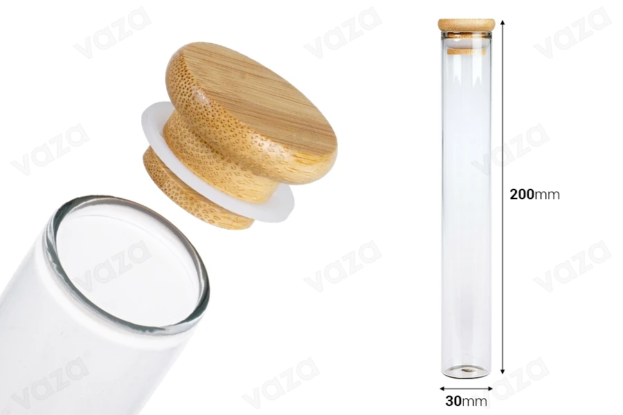 Tube en verre transparent 110 ml avec bouchon en bambou et caoutchouc - 6 pcs Tube en verre transparent 110 ml avec bouchon en bambou et caoutchouc - 6 pcs-εικόνα_διαστάσεις